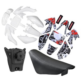 ICONSPORTSS ABS Plastics Fender Fairing Body Work Kit with Graphics Decals & Seat and Gas Fuel Tank for CRF50F XR50R CRF XR 50 SSR Chinese SSR 110cc 125cc Dirt Pit Bike (White)