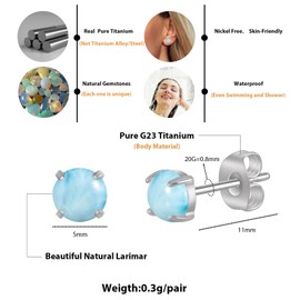Hopply Pure Titanium Opal Earrings for Women,Natural Stones Jewelry,Round Hypoallergenic Unique Stud Earrings (Larimar-5mm)