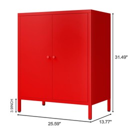 LYMOUYEE 2 Door Metal Accent Storage Cabinet for Bedroom, Living Room,Bedside, Office Room,Kitchen-Metal Locker Cabinet with 1 Adjustable Shelves-2-Tier (Small 2 Door Cabinet, red)