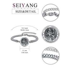 Seiyang St Francis Bracelet for Men S925 Sterling Silver Adjustable Saint Francis Medal Bracelet Religious Protection Jewelry Gifts for Father with 7"+2" Double Chain