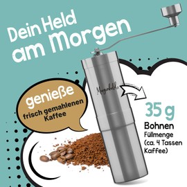 Morgenheld Molinillo de café manual – Molinillo de café manual de acero inoxidable con mecanismo continuo de cerámica – para espresso a prensa francesa, capacidad de 35 g – para casa, exterior y