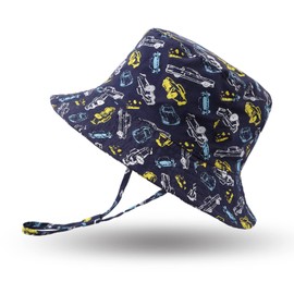 JANGANNSA Summer Baby Boys Hat Sun Protect Bucket Hat for Girls Wide Brim Cotton Beach Cap (Navy Car,50cm)