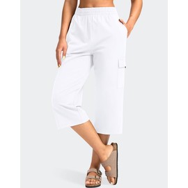 Women's Capri Pants with 4 Pockets Soft Cotton Stretch Cropped Pants Loose Cargo Capris for Women Yoga Casual(White,M)