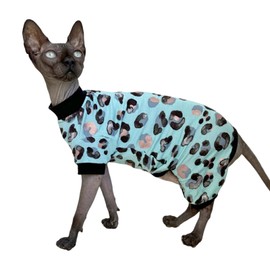 Sphynx Cat Four Leg Cotton Pajamas Elastic Pet Clothes for Hairless Cats Surgery Recovery Suit Undershirt Thermal Clothes for Sphynx, Devon, Cornish (Mint Leopard, L)