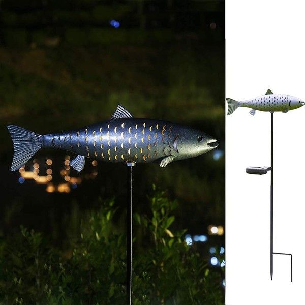 KAIXOXIN Solar Garden Lights Metal Fish Decorative Stake for Outdoor Patio Yard Decorations,Warm White LED Solar Path Lights (Silver-2)