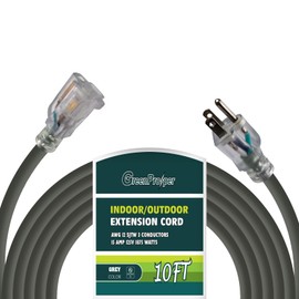 GreenProsper 10 FT Grey Extension Cord with Lighted End, 12 AWG 3 Prong Indoor Outdoor Heavy Duty Waterproof Power Cable for Major Appliance, 12/3 SJTW UL Listed