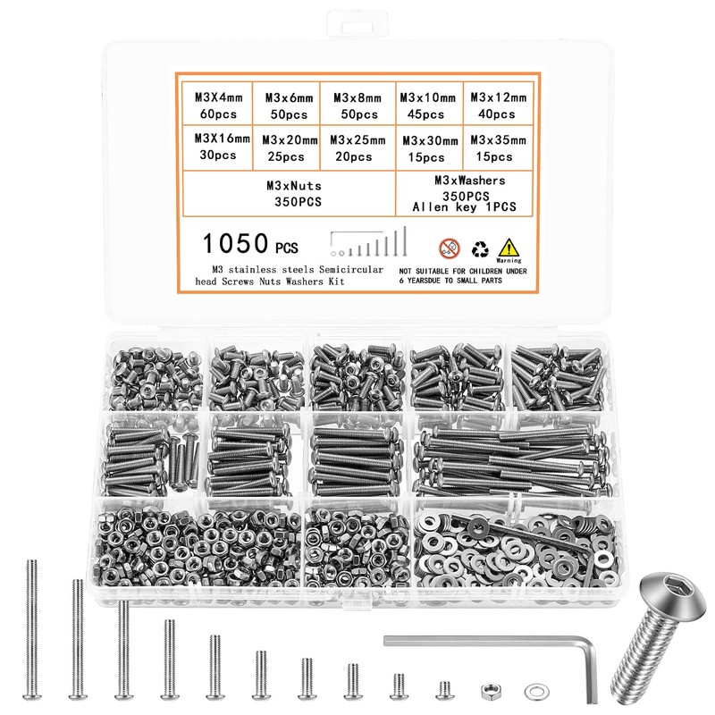 1050 Pcs M3 Screws Kit, M3 Machine Screws and Nuts