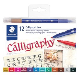 STAEDTLER 3002TB12LU marcadores de caligrafía de doble extremo, caligrafía duo, para diseños de letras estrechas y anchas, tinta pigmentada, 12 colores surtidos