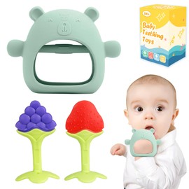 Baby Teething Toys, 3 PCS Teethers Set for 3-6 Months & 6-12 Months, Baby Essentials, Infant Toys, Baby Chew Toys Set Food Grade Silicone, Bear Shape Teething Toy Fruit Shape Teether (Green)