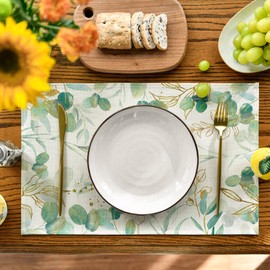 Artoid Mode Juego de 8 manteles individuales de verano de eucalipto para mesa de comedor, 12 x 18 pulgadas, decoración de vacaciones de temporada de primavera, rústico, vintage, lavable, juego de 8