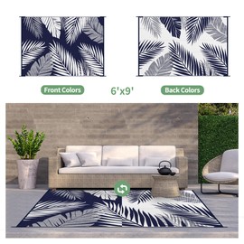 GENIMO Outdoor Rug 6' x 9' Waterproof for Patios Clearance, Reversible Outdoor Plastic Straw Camping Rug Carpet, Large Area Rugs Mats for RV, Camper, Deck, Balcony, Porch, Beach, Navy Blue&White