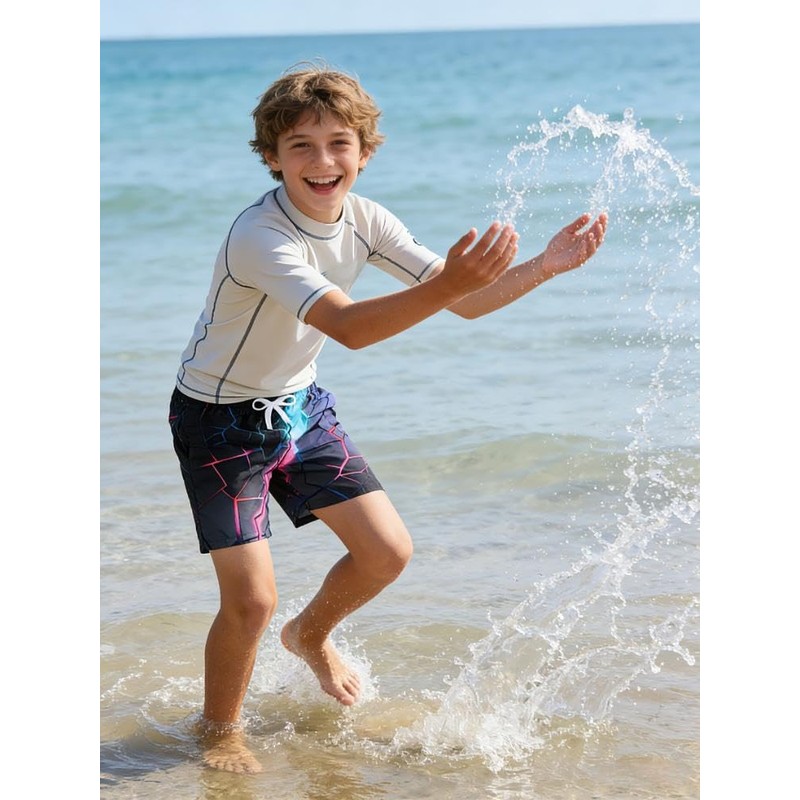 Idgreatim Youth Boys Swim Trunks Kids Neon Geometric Bathing Suits