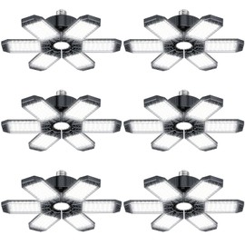 XINGHUANLIT Garage Lights 6 Pack - 200W 20000LM Garage Lights Ceiling LED 6500K, Screw in Shop Lighting with 6+1 Adjustable Panels for E26/E27 Bulb Socket, for Workshop Basement Barn