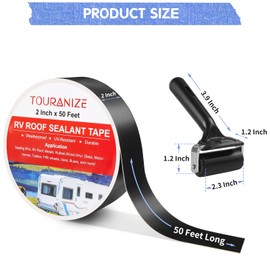 Touranize Butyl Sealant Tape with Rubber Roller, 2 Inch x 50 Feet RV Roof Tape for Camper Roof Repair, Boat Sealing, Trailer Roofing Seam Leaks, UV Resistant, Waterproof, Black