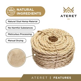 ATERET 3/8 Inch by 100-Feet Sisal Rope I Natural Fiber Twisted Sisal Rope I Multipurpose, Lightweight, Weather-Resistant Rope for Indoor/Outdoor Use, Rugs, Marine, and DIY Projects (1-Pack)