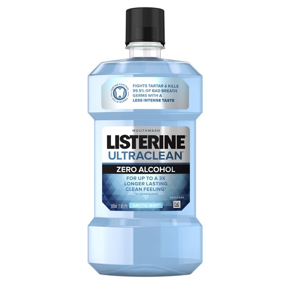 Listerine Ultraclean Zero Alcohol Tartar Control Mouthwash, Oral Rinse to Help Fight Bad Breath and Tartar, for Cleaner, Naturally White Teeth, Less Intense Arctic Mint Taste, 500 mL