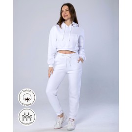 Women 2 Piece Outfits Lounge Set Cotton Fleece Sweatsuit Crop Hoodie & Jogger Pants Drawstring Long Sleeve Pocket Casual, White W/Hoodie, Small-Medium