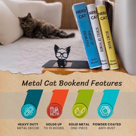 Renovatio Black Metal Bookend – Cute, Unique, Geeky Decor for Home, Office & Kids Room – Heavy Duty, Non-Slip Minimalist Bookends for Shelves – Cat Design