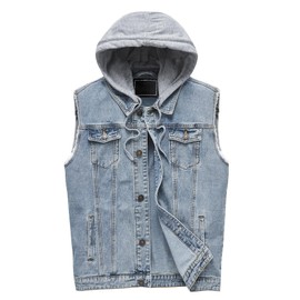 Heihuohua Men's Casual Button-Down Denim Vest Trucker Jean Jacket with Hoodie (XX-Large, Denim Blue)