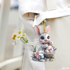 6Pcs Easter Decorations Easter Car Hanging Ornament 2D Flat Acrylic Hangable Rearview Mirror Pendant Cute Cartoon Rabbit Easter Eggs Ornaments Car Pendant Spring Easter Decorations Accessories