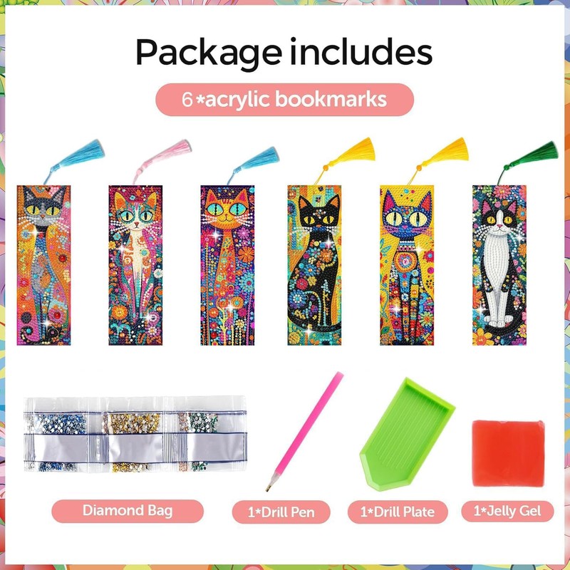 Puraikcmi 6 PCS 5D DIY Diamond Art Bookmarks Kit Cats