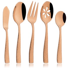 JASHII - Juego de 5 piezas de cubiertos martillados de oro rosa, tenedor de acero inoxidable, cuchillo de mantequilla ranurado, juego de cucharadita para bufet, fiesta, espejo pulido, apto para