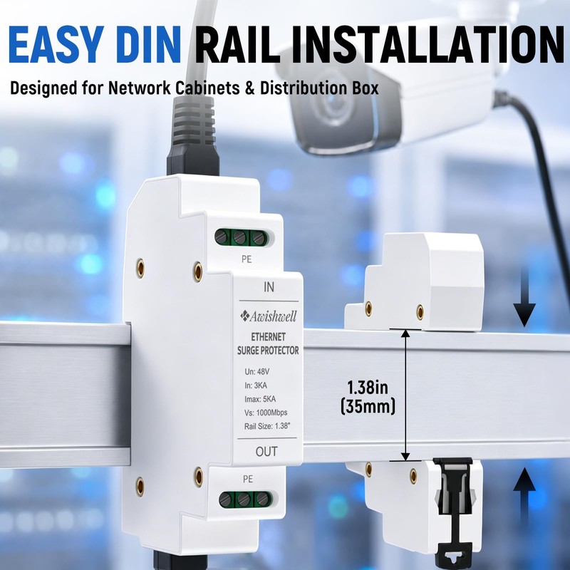 Ethernet Surge Protector PoE, DIN-Rail Gigabit Network Lightning Arrester