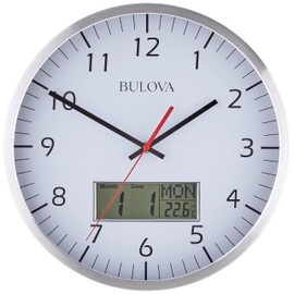 Bulova Manager Wall Clock C4810 | 14" Brushed Aluminum Industrial Frame with Digital Date & Temperature Display | Silent Sweep Quartz Movement | Battery Operated | Office & Home Décor