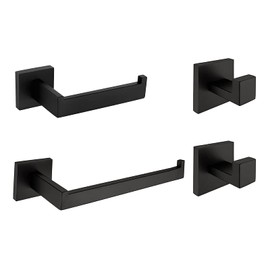 Matte Black Bathroom Hardware Set 4 Pieces SUS304 Stainless Steel Square Wall Mounted Including Towel Bar,Toilet Paper Holder, Robe Towel Hooks,Bathroom Accessories Kit