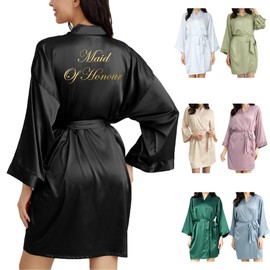 OWITER Women's Satin Robe Bride Bridesmaid Robe for Wedding Bridal Party Luxury Gifts (One Size,Black Maid Of Honour)