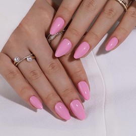 Pink Press On Nails Medium Short Almond Press On Nails, Pink Chrome Nail Tips Glue On Nails with Nail Glue, Reusable Stick On Nails in Gel Fake Nails Kit