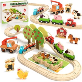 Lehoo Castle Wooden Train Set for Toddlers 2-4 - Wooden Train Track Set for Kids, Farm Animal Train Toys for 3 4 5 6 Year Old Boy Girl Birthday Gifts