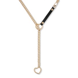 ADEMISHIA Heart Slip Chain Necklace For Women, Punk Gothic Cuban Link Long Necklace with Metallic Heart O-ring, Adjustable Lariat Y-Necklace, Faux Leather, No Gemstone