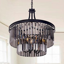 Wellmet Modern Crystal Chandeliers,5 Light Farmhouse Chandelier for Dining Room,Hanging Light Fixture with Prism Crystal Shades,Black Pendant Lights for Living Room,Kitchen,Bedroom,Entryway,D-19.68''