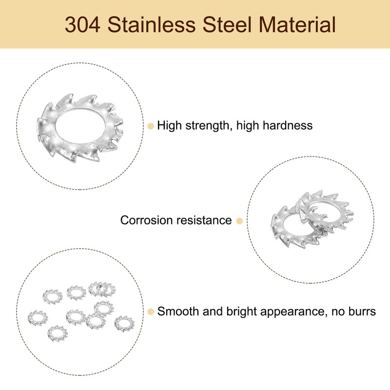 sourcing map 60Pcs External Tooth Washers, M4 304 Stainless Steel