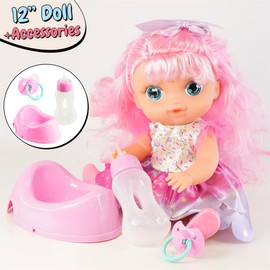 Bibi Doll Realistic Baby Doll Girl 12" With Big Eyes & Lifelike Baby Doll Functions - Water Bottle, Doll Potty, Dummy - Drinking & Wet Features - Baby Dolls For Girls & Baby Doll Accessories