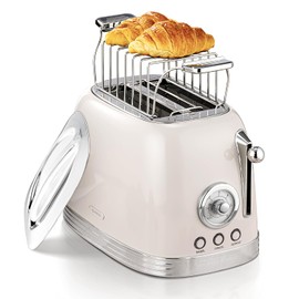 Wiltal Beige Cute Retro Toaster 2 Slice with 1.58" Wide Slots, Bread toaster with Cover and Warm Rack, Stainless Steel Toaster with Removable Crumb Tray, Preheat, Defrost, Cancel Function (Cream)