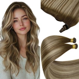 Sunny Hair Genius Weft Hair Extensions Real Human Hair Dark Brown Ombre Light Brown Blonde Sew in Hair Extensions Hand Tied Weft Extensions for Full Head 20inch