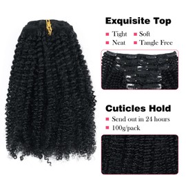 Sassina Afro Coily Clip in Human Hair Extensions for Black Women Double Wefts Remy Clip ins Hair Extensions Human Hair Jet Black 7 Pieces with 17 Clips 120 Grams Color #1 12 Inch