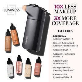 Luminess BREEZE DUO Airbrush Makeup System, Tan Coverage – 9-Piece Kit includes 2x Silk Airbrush Foundation, Apricot Shade Blush, Glow Highlighter, Moisturizer Primer, and Airbrush Cleaning Solution