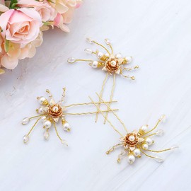 Zoestar Wedding Flower Hair Pins Pearl Bride Headpiece Bridal Crystal Hair Pieces Accessories for Women, 3 Pcs (Gold)