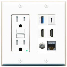 RiteAV USB 3 USB C 2 HDMI Coax Cat7 Wall Plate - GFCI [White/White]