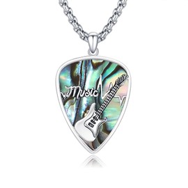 OHAYOO Guitar Pick Necklace for Men 925 Sterling Silver Guitar Pick Pendant Plectrum with Music Note Guitar Gifts for Guitar Players Music Lovers- Abalone Shell