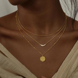 CHESKY Layered Gold Necklaces for Women, Dainty Stackable 14K Real Gold Plated CZ Diamond Bar Disc Pendant Necklace for Women Adjustable Layering Beads Box Chain Choker Necklace for Women Gifts