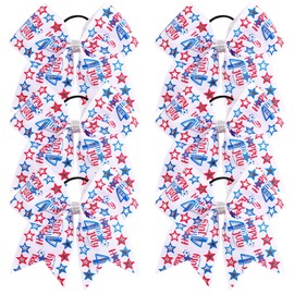 4th of July Cheer Bows American USA Patriotism Team Bows 6Pcs Patriotic Flag Cheerleader Hair Bows with Elastic Ponytail Holder for Competition Independence Day Girls Teens Kids (USA Cheer Bows Q)