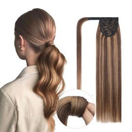 S-noilite Human Hair Ponytail Extension Wrap Around Ponytail Medium Brown & Dark Blonde Ponytail Hair Extension with Magic Paste Long Straight Ponytail Extension Hair Pieces for Women 20 Inch#4P27
