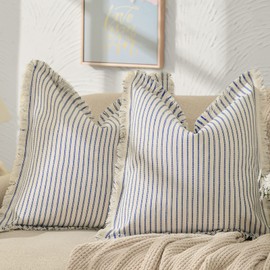 ZWJD Throw Pillow Covers 24x24 Set of 2 Blue Striped Pillow Covers with Fringe Chic Cotton Decorative Pillows Square Cushion Covers for Sofa Couch Bed Living Room Farmhouse Decor