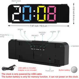 Tisaika Digital Alarm Clock Bedside Projection 7.9'' LED Alarm Clocks with Colorful Digit 180° Rotatable Projector Adjustable Brightness Temperature Date Snooze Night Mode Time Memory for Bedroom Home
