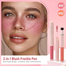 Noerrors 2 Colors Blush Freckle Pen for Natural Faux Freckles, 2 in 1 Fake Freckle Stamp Pink&Coral Blusher for Lifelike Sunkiss Makeup Waterproof Long Wear Freckles Stain Maker with Puff #01+02