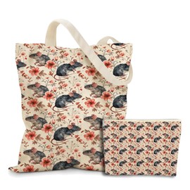 NGZS Cute Rat Gifts Rat Stuff Merch, 2pcs Cosmetic Bag Canvas Tote Bag for Women Set, Shopping Beach Grocery Canvas Tote, Birthday Christmas Friendship Gifts for Friends Animal Lovers Girls Female